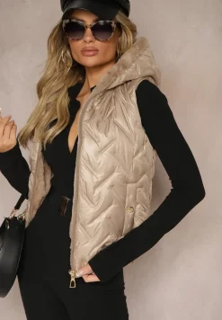 Beżowa Kamizelka Pikowana Wykończona Sztucznym Futerkiem Timaveah