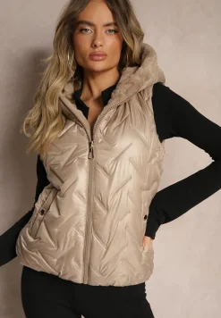 Beżowa Kamizelka Pikowana Wykończona Sztucznym Futerkiem Timaveah