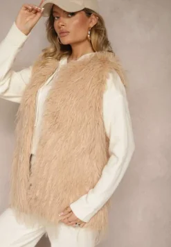Beżowa Futerkowa Kamizelka o Prostym Kroju z Kieszeniami Venialith
