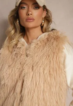 Beżowa Futerkowa Kamizelka o Prostym Kroju z Kieszeniami Venialith