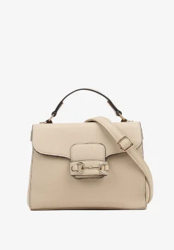 Beżowa Torebka Typu Listonoszka z Rączką i Klapą z Aplikacją Alatiela