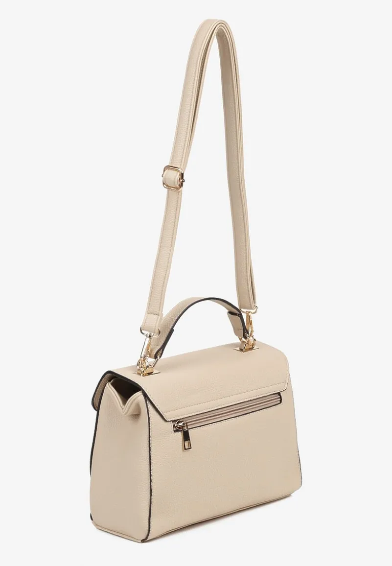 Beżowa Torebka Typu Listonoszka z Rączką i Klapą z Aplikacją Alatiela