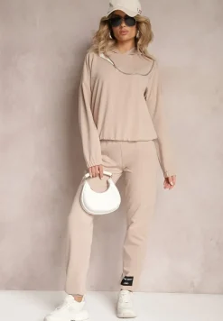 Beżowa Asymetryczna Bluza z Bawełny z Kapturem i Ozdobnym Suwakiem Lueur