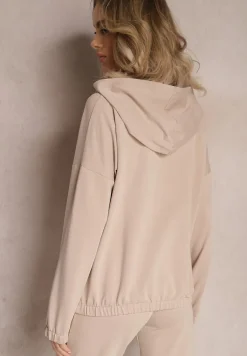 Beżowa Asymetryczna Bluza z Bawełny z Kapturem i Ozdobnym Suwakiem Lueur