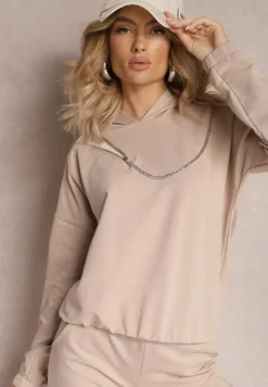 Beżowa Asymetryczna Bluza z Bawełny z Kapturem i Ozdobnym Suwakiem Lueur