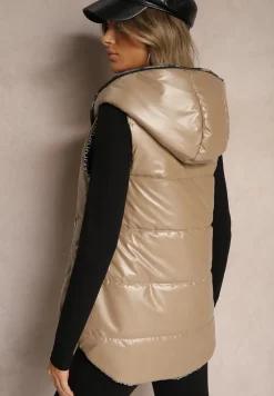 Beżowa Asymetryczna Kamizelka z Pikowaniem i Nieodpinanym Kapturem Leriales