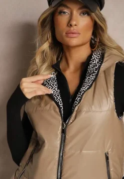 Beżowa Asymetryczna Kamizelka z Pikowaniem i Nieodpinanym Kapturem Leriales