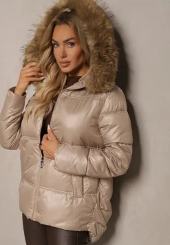 Beżowa Asymetryczna Kurtka z Kapturem z Futrem z Możliwością Odpięcia Zineira