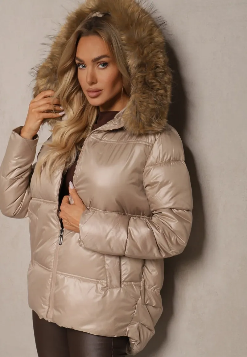 Beżowa Asymetryczna Kurtka z Kapturem z Futrem z Możliwością Odpięcia Zineira