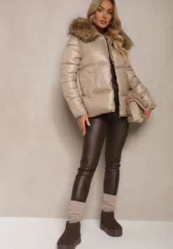 Beżowa Asymetryczna Kurtka z Kapturem z Futrem z Możliwością Odpięcia Zineira
