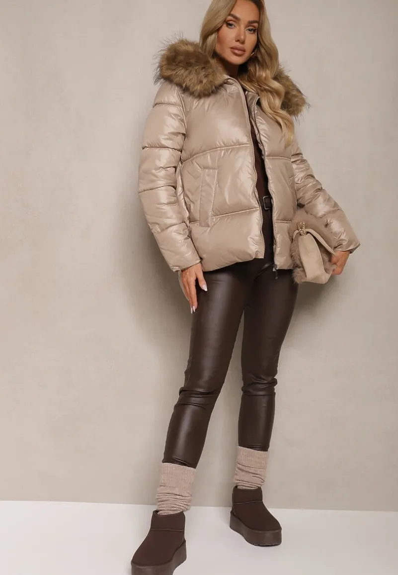 Beżowa Asymetryczna Kurtka z Kapturem z Futrem z Możliwością Odpięcia Zineira