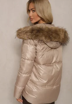 Beżowa Asymetryczna Kurtka z Kapturem z Futrem z Możliwością Odpięcia Zineira