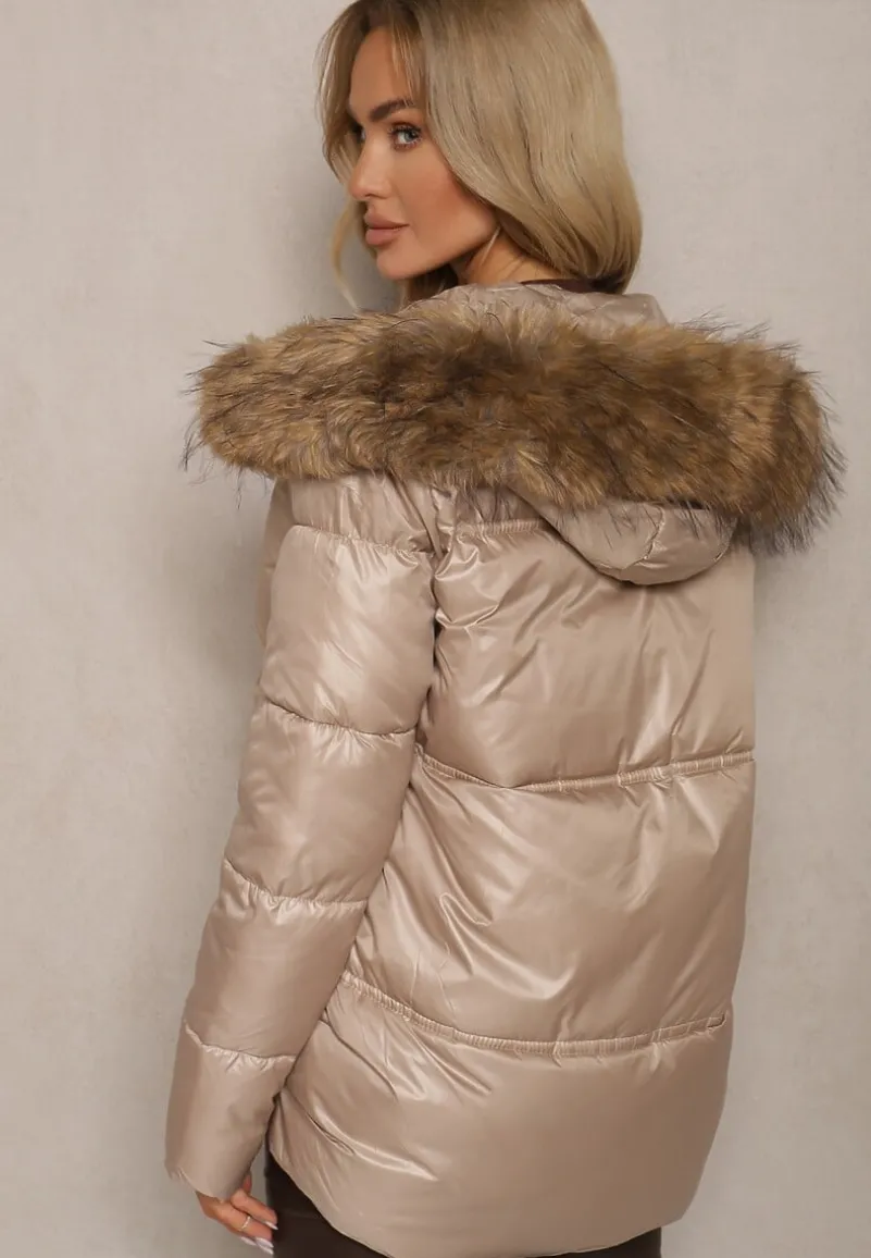 Beżowa Asymetryczna Kurtka z Kapturem z Futrem z Możliwością Odpięcia Zineira