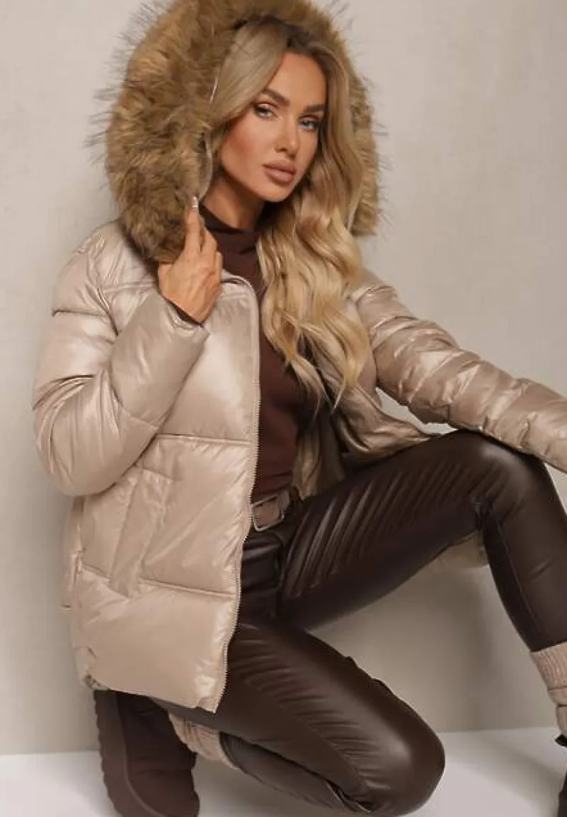 Beżowa Asymetryczna Kurtka z Kapturem z Futrem z Możliwością Odpięcia Zineira