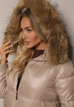Beżowa Asymetryczna Kurtka z Kapturem z Futrem z Możliwością Odpięcia Zineira