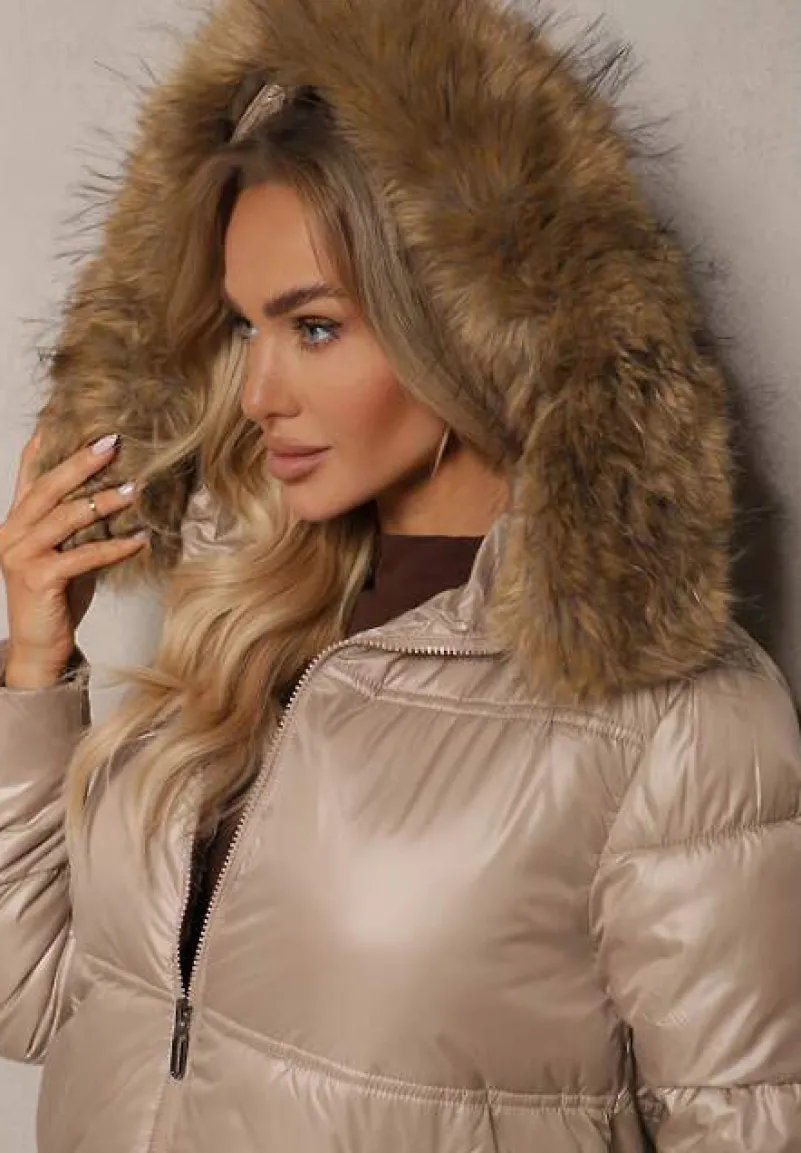 Beżowa Asymetryczna Kurtka z Kapturem z Futrem z Możliwością Odpięcia Zineira
