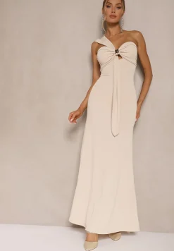 Beżowa Asymetryczna Sukienka Koktajlowa Ozdobiona Metaliczną Aplikacją Divianis