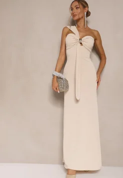 Beżowa Asymetryczna Sukienka Koktajlowa Ozdobiona Metaliczną Aplikacją Divianis
