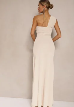 Beżowa Asymetryczna Sukienka Koktajlowa Ozdobiona Metaliczną Aplikacją Divianis