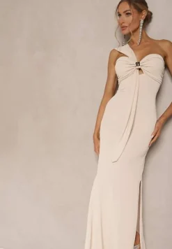 Beżowa Asymetryczna Sukienka Koktajlowa Ozdobiona Metaliczną Aplikacją Divianis
