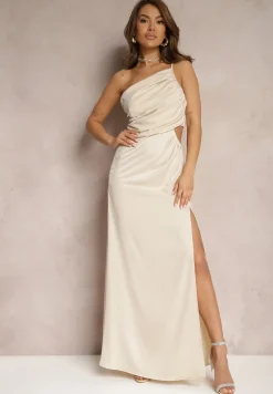 Beżowa Asymetryczna Sukienka Satynowa z Wycięciem w Talii Rozcięciem na Dole i Marszczeniem Aledista