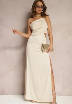 Beżowa Asymetryczna Sukienka Satynowa z Wycięciem w Talii Rozcięciem na Dole i Marszczeniem Aledista