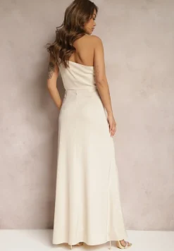 Beżowa Asymetryczna Sukienka Satynowa z Wycięciem w Talii Rozcięciem na Dole i Marszczeniem Aledista