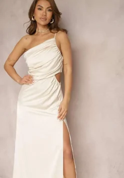 Beżowa Asymetryczna Sukienka Satynowa z Wycięciem w Talii Rozcięciem na Dole i Marszczeniem Aledista