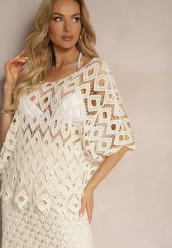 Beżowa Ażurowa Bluzka Narzutka z Bawełny z Rozszerzanymi Rękawami Wavana