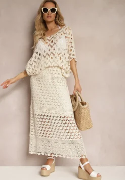 Beżowa Ażurowa Bluzka Narzutka z Bawełny z Rozszerzanymi Rękawami Wavana