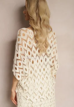 Beżowa Ażurowa Bluzka Narzutka z Bawełny z Rozszerzanymi Rękawami Wavana