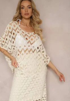 Beżowa Ażurowa Bluzka Narzutka z Bawełny z Rozszerzanymi Rękawami Wavana