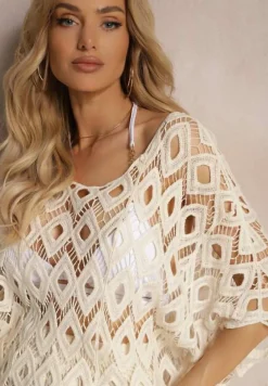 Beżowa Ażurowa Bluzka Narzutka z Bawełny z Rozszerzanymi Rękawami Wavana