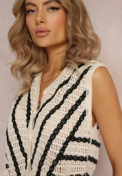 Beżowa Ażurowa Bluzka Top z Bawełny Zapinana na Guziki Ozdobiona Frędzlami Asperie