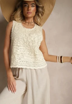 Beżowa Ażurowa Bluzka z Bawełny Aredia