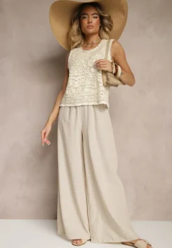 Beżowa Ażurowa Bluzka z Bawełny Aredia