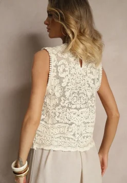 Beżowa Ażurowa Bluzka z Bawełny Aredia