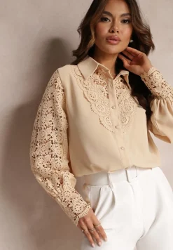 Beżowa Ażurowa Koszula z Bufiastym Rękawem i Perłowymi Guzikami Ingebo