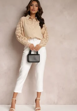 Beżowa Ażurowa Koszula z Bufiastym Rękawem i Perłowymi Guzikami Ingebo