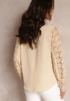 Beżowa Ażurowa Koszula z Bufiastym Rękawem i Perłowymi Guzikami Ingebo