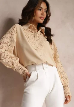 Beżowa Ażurowa Koszula z Bufiastym Rękawem i Perłowymi Guzikami Ingebo