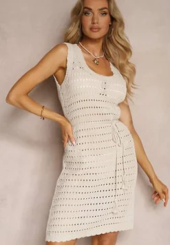 Beżowa Ażurowa Narzutka Sukienka Mini na Szerokich Ramiączkach Evisani