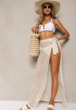 Beżowa Ażurowa Spódnica High Waist Wiązana z Boku w Pasie Vikiarria