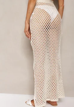 Beżowa Ażurowa Spódnica High Waist Wiązana z Boku w Pasie Vikiarria