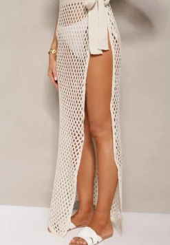 Beżowa Ażurowa Spódnica High Waist Wiązana z Boku w Pasie Vikiarria