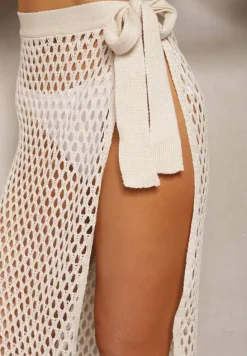 Beżowa Ażurowa Spódnica High Waist Wiązana z Boku w Pasie Vikiarria