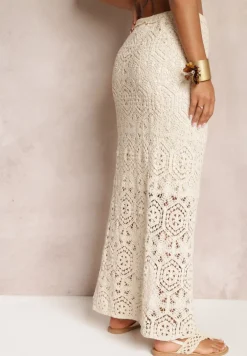 Beżowa Ażurowa Spódnica Maxi z Rozcięciem Devotti