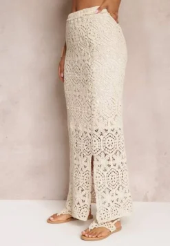Beżowa Ażurowa Spódnica Maxi z Rozcięciem Devotti