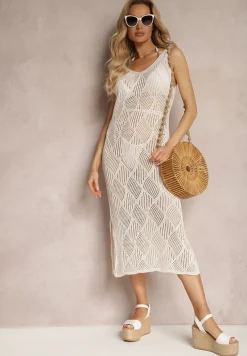 Beżowa Ażurowa Sukienka Bodycon Bez Rękawów Wasara