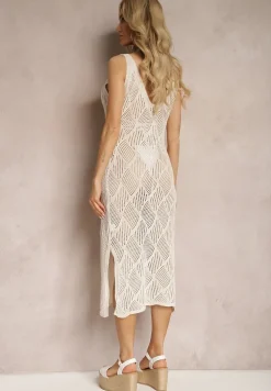 Beżowa Ażurowa Sukienka Bodycon Bez Rękawów Wasara